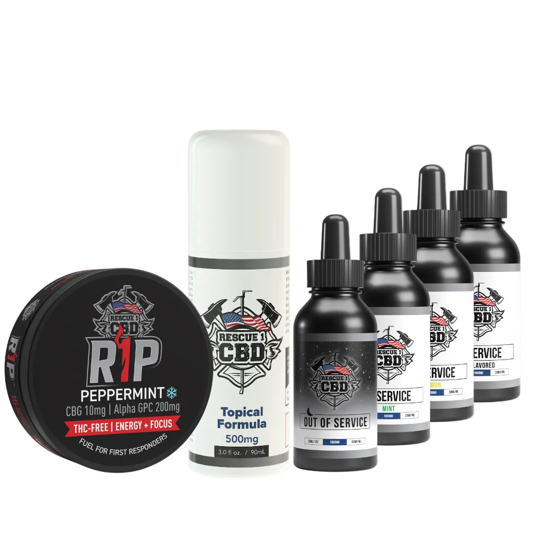 Collection of CBD products safe for firefighters and first responders including a jar, bottle, and can of nootropic pouches